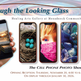 A promotional banner for Through the Looking Glass, a photography exhibition at the Healing Arts Gallery. The image features five smartphone screens displaying different photos taken by Monadnock Community Hospital employees. The photos include a sunset over water, a nest with turquoise eggs, a close-up of a child in a pink mask, colorful glass objects, and a scenic mountain landscape with trees. A hand holds one of the phones on the left side. The exhibition title and Healing Arts Gallery branding are included in the top and bottom sections.