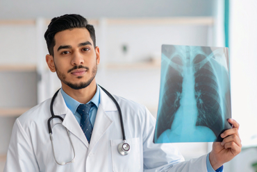 Clinician holding a chest X-ray image showing the lungs, representing pulmonary diagnostic imaging and respiratory health evaluation