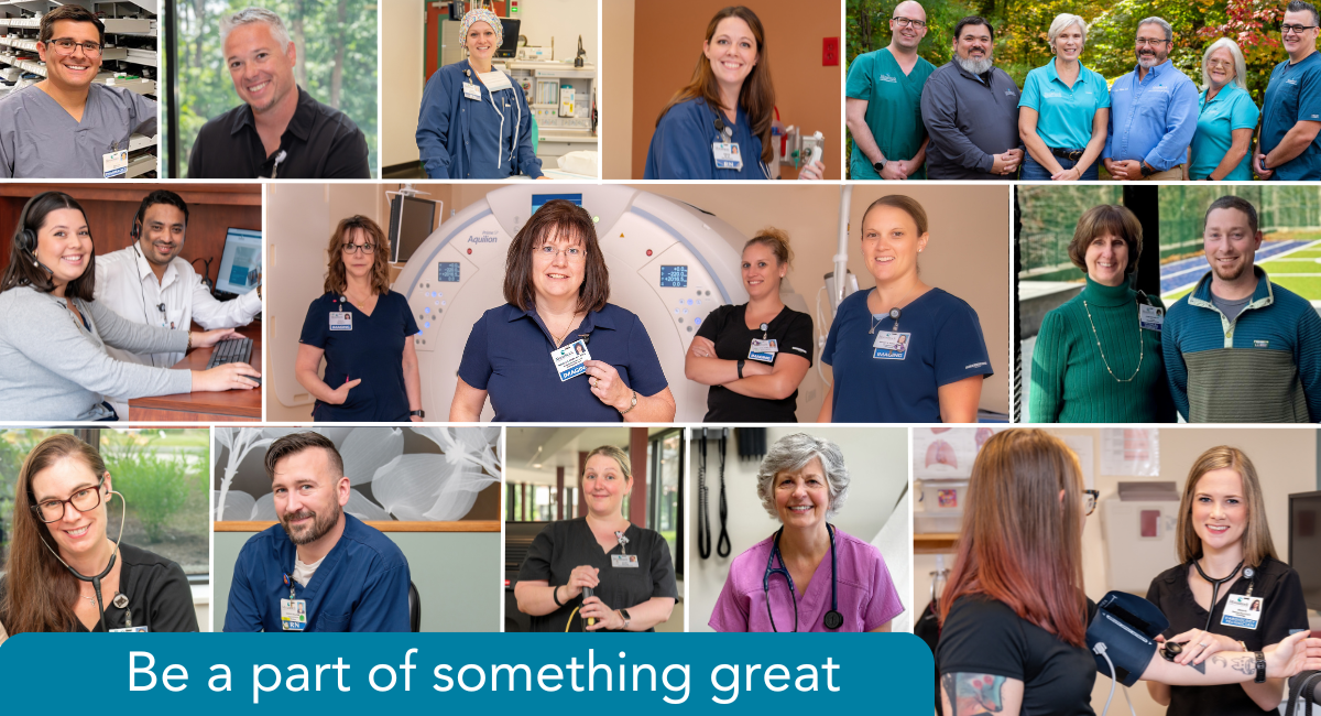 Collage of Monadnock Community Hospital staff in individual portraits and small groups across clinical and nonclinical roles, including patient care, diagnostics, and office settings, with the message Be a part of something great