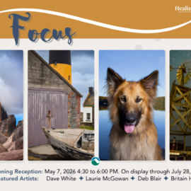 Promotional banner for Fresh Focus exhibition at the Healing Arts Gallery featuring four photographic images including a rocky mountain landscape, a boat beside a weathered building, a close-up portrait of a dog, and a windmill under a starry night sky, with the exhibition title at the top