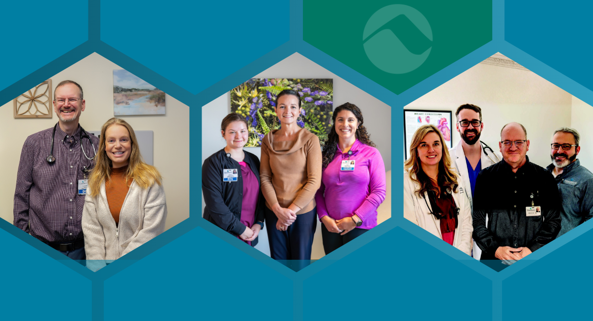 Collage of Monadnock Community Hospital patients and care teams displayed within hexagon-shaped frames on a blue background. The images highlight stories of primary care, women’s health, and coordinated specialty care, reflecting the hospital’s commitment to improving the health and well-being of the community.