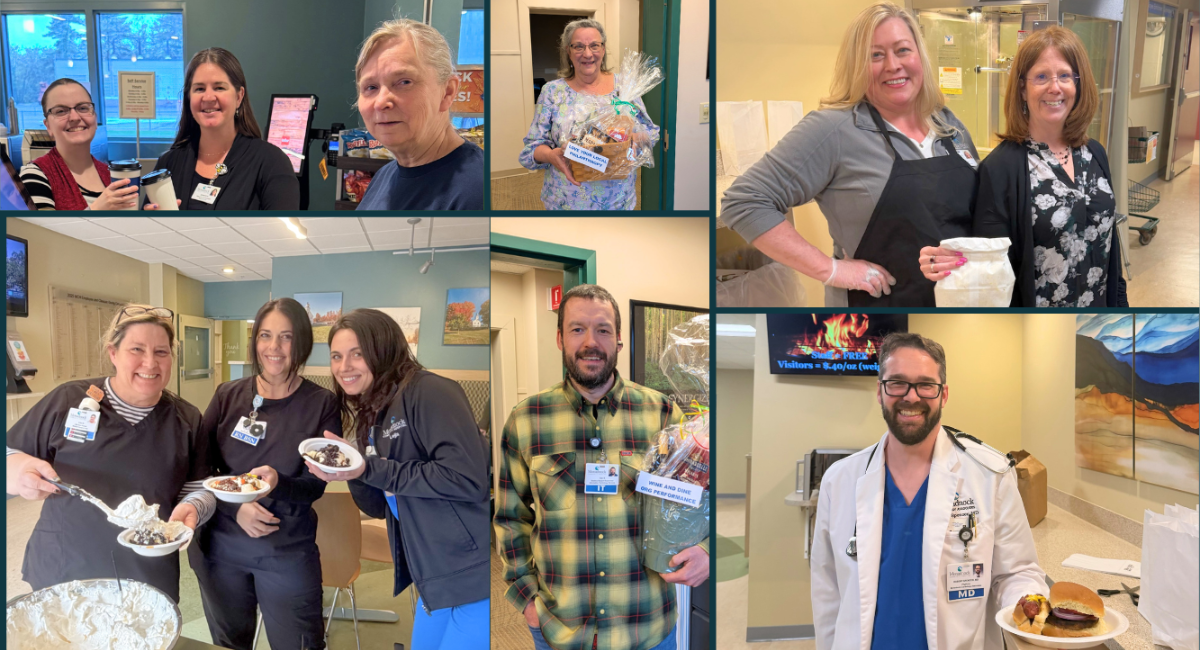 Hospital Week photo collage featuring Monadnock Community Hospital employees participating in appreciation events, receiving raffle prizes, sharing desserts and meals, and celebrating together throughout Hospital Week.