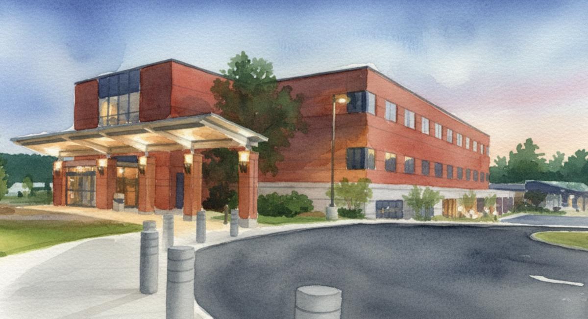Watercolor-style illustration of Monadnock Community Hospital building entrance at dusk with glowing lights, curved driveway, and landscaped grounds