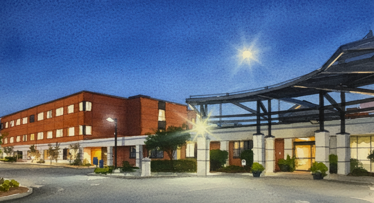 Watercolor-style illustration of the main entrance at Monadnock Community Hospital at dusk, featuring illuminated windows, a covered entrance canopy, and a deep blue evening sky.