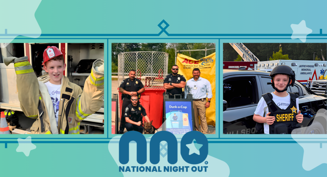 A National Night Out collage featuring a child wearing firefighter gear, local police officers with a K-9 beside a dunk tank, and a child dressed in sheriff gear. The National Night Out logo appears below the photos.