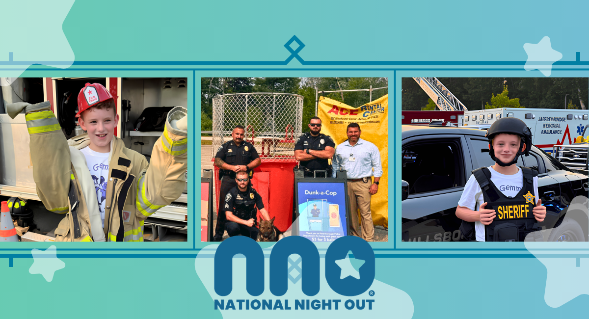 Collage promoting National Night Out featuring children interacting with emergency responders and public safety vehicles. One child tries on firefighter gear, another stands beside police officers and a Dunk-a-Cop booth, and a third wears sheriff protective equipment near emergency vehicles. National Night Out logo centered at the bottom.