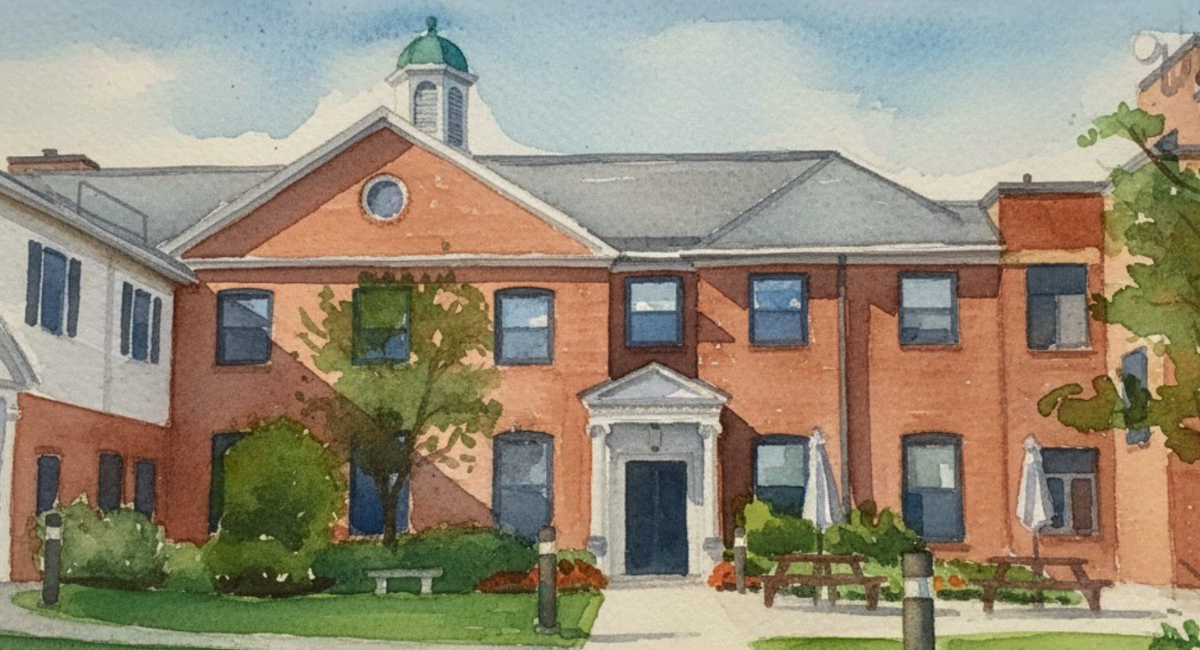 Watercolor-style illustration of historic Parmelee building at Monadnock Community Hospital with brick exterior, gardens, and tree-lined courtyard