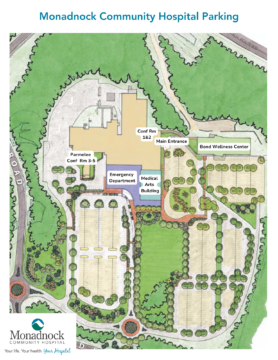 Map of the Monadnock Community Hospital campus showing the Main Entrance, Emergency Department, Medical Arts Building, Bond Wellness Center, conference rooms, surrounding parking lots, access roads, and landscaped areas.