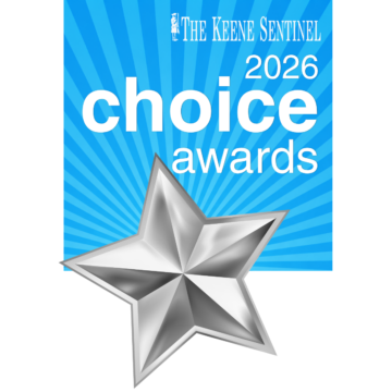 Graphic featuring a blue sunburst background, The Keene Sentinel masthead, the words Choice Awards 2026 in white text, and a large silver star extending beyond the bottom of the design.