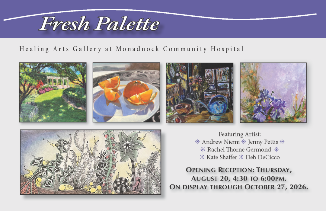 Fresh Palette exhibition postcard featuring five artworks: a sunlit garden, oranges on a plate, a colorful studio still life, purple flowers, and an intricate botanical drawing. Text announces the MCH Healing Arts Gallery opening reception on Thursday, August 20, from 4:30 to 6 p.m., with the exhibition on display through October 27, 2026.